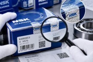 Close-up inspection of bearing packaging seals and traceability labels