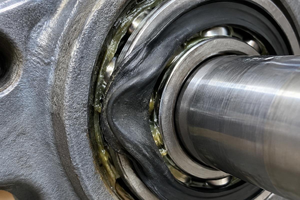 Close-up of an extruded bearing seal caused by internal pressure from over-greasing