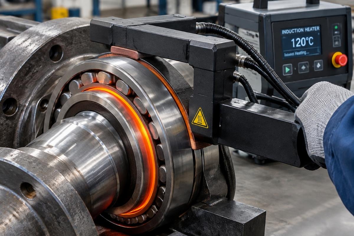 Close-up of an induction heater being used to mount a large industrial bearing