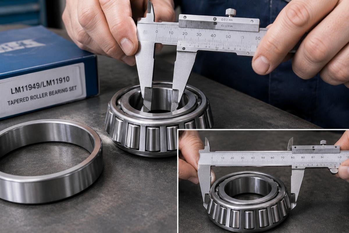 Close-up photo of a mechanic measuring the bore and outer diameter of an LM11949/LM11910 bearing set using calipers