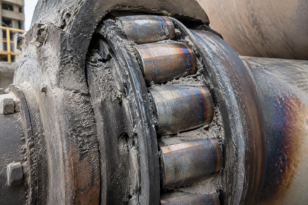 Close-up view of a damaged kiln trunnion bearing showing dust ingress and heat discoloration on the roller surfaces