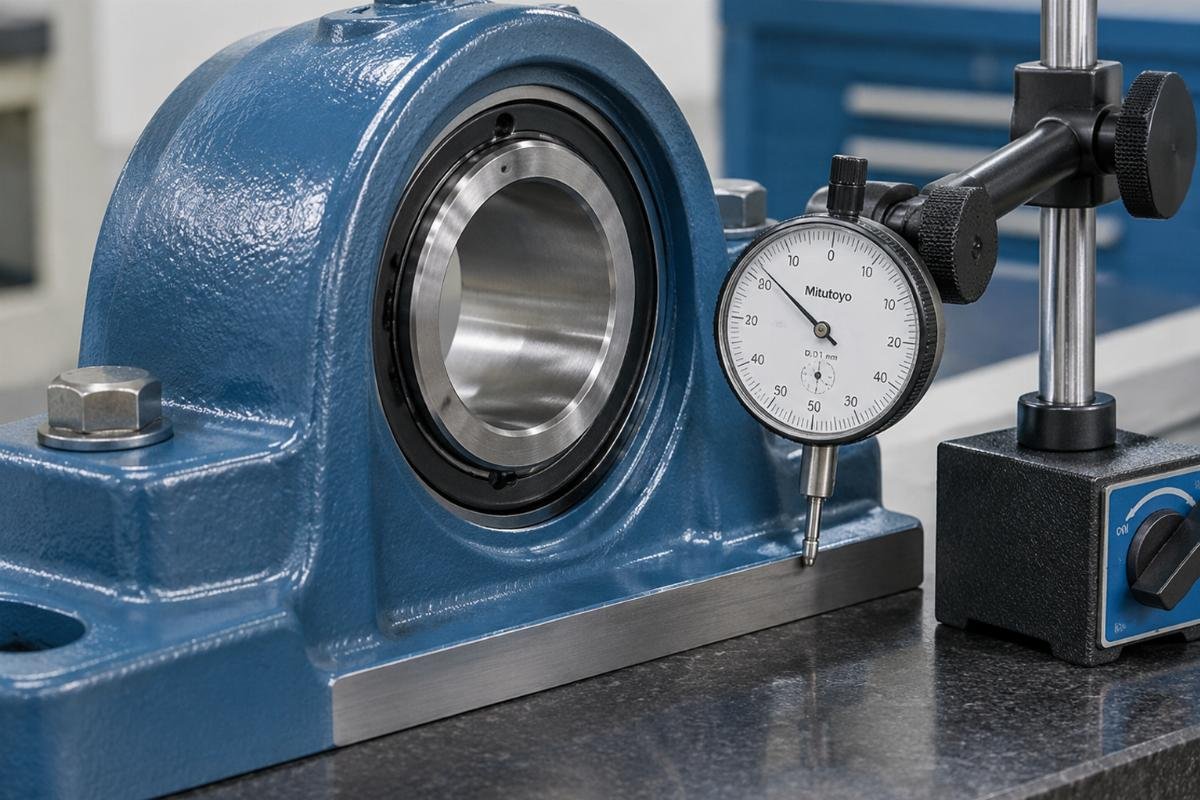 Close-up view of a dial indicator measuring base flatness on a plummer block housing
