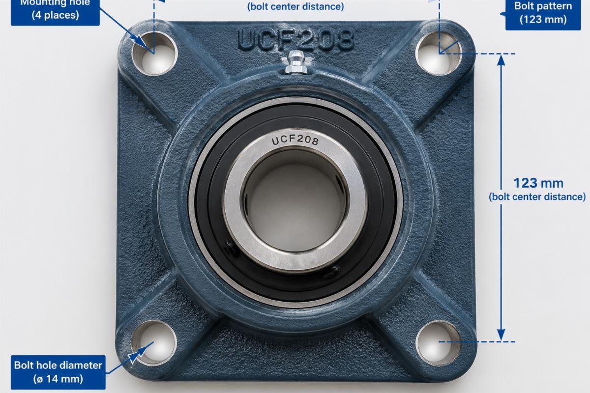 Close-up view of UCF208 flange bearing mounting holes and bolt pattern