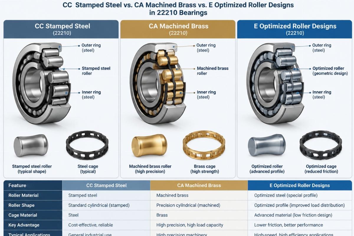 Comparison chart illustrating the structural differences between CC stamped steel, CA machined brass, and E optimized roller designs in 22210 bearings