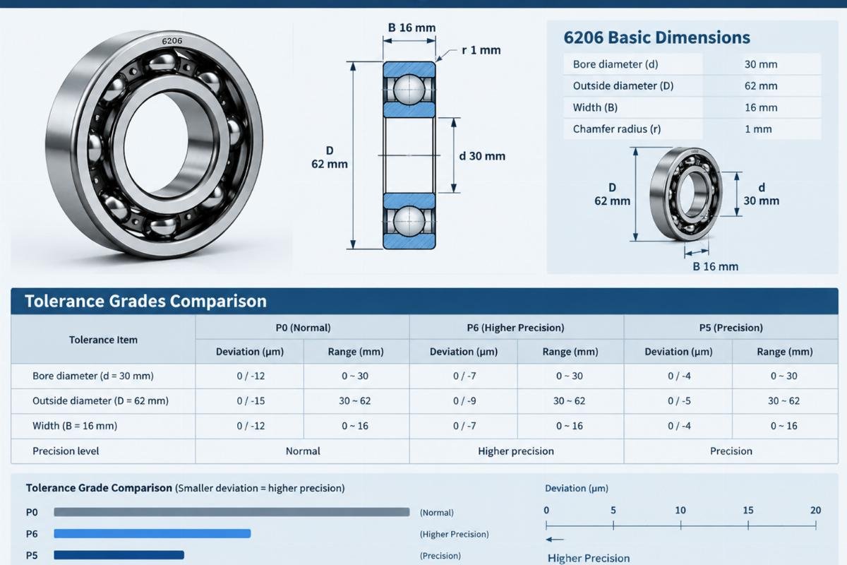 Comparison chart of 6206 bearing dimensions and tolerance grades