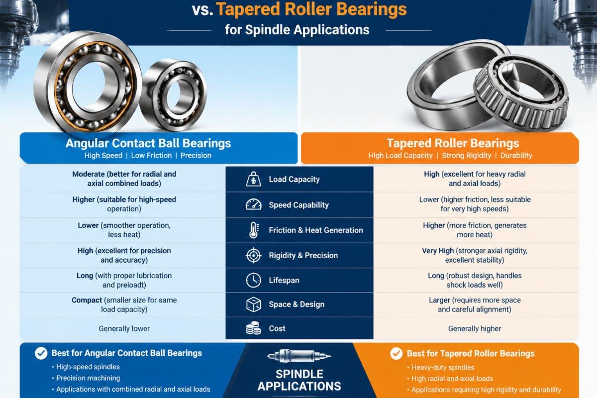 Comparison chart of angular contact ball bearings versus tapered roller bearings for spindle applications