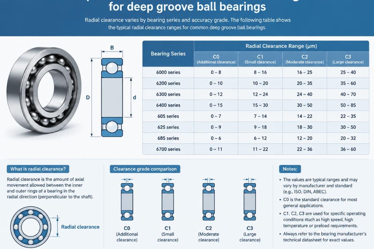 Comparison chart of radial clearance ranges for deep groove ball bearings