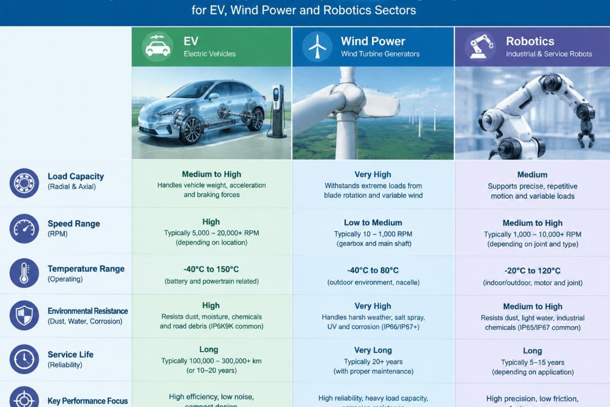 Comparison chart showing application-specific bearing requirements for EV, wind power, and robotics sectors