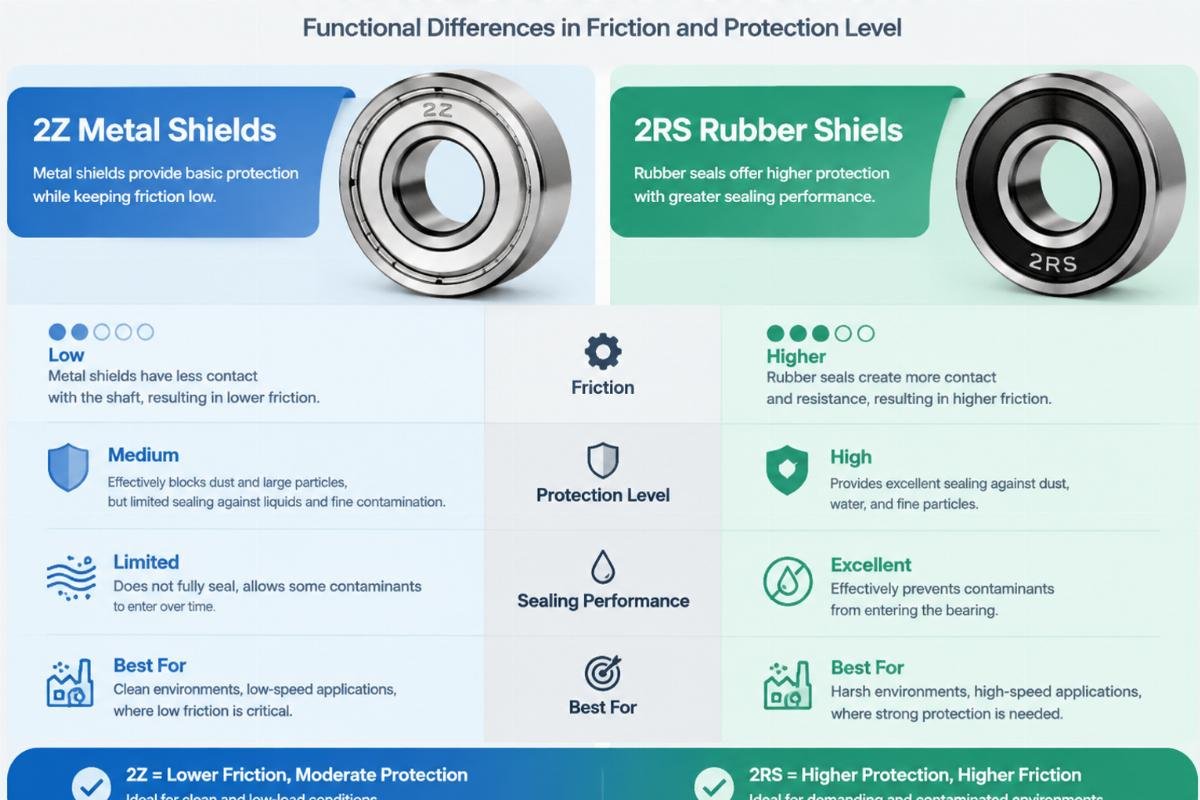 Comparison chart showing the functional differences between 2Z metal shields and 2RS rubber seals in terms of friction and protection level