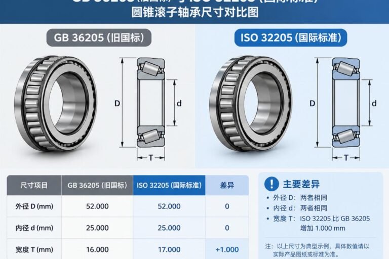 Comparison diagram showing side-by-side dimensional discrepancies between old GB 36205 and ISO 32205 tapered roller bearings