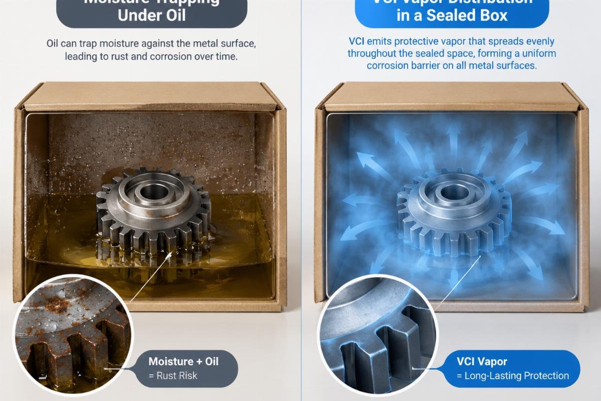 Comparison illustration of moisture trapping under oil versus VCI vapor distribution in a sealed box