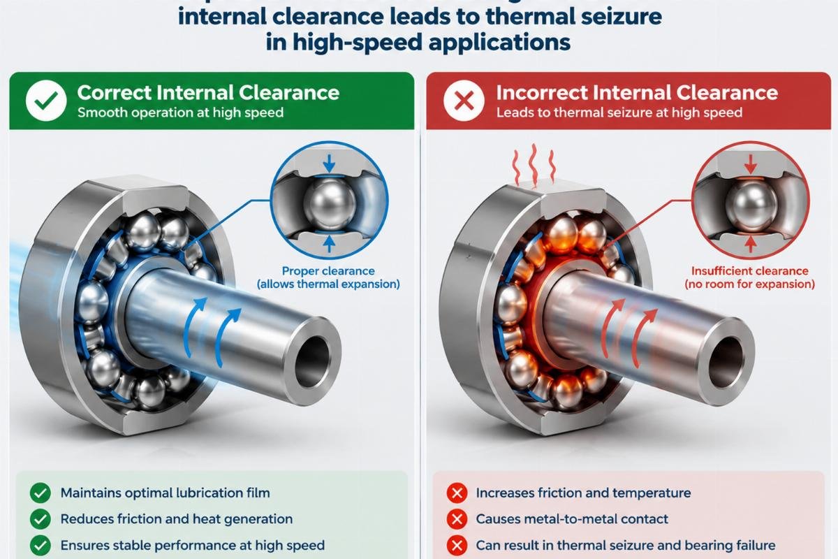 Comparison illustration showing how incorrect internal clearance leads to thermal seizure in high-speed applications