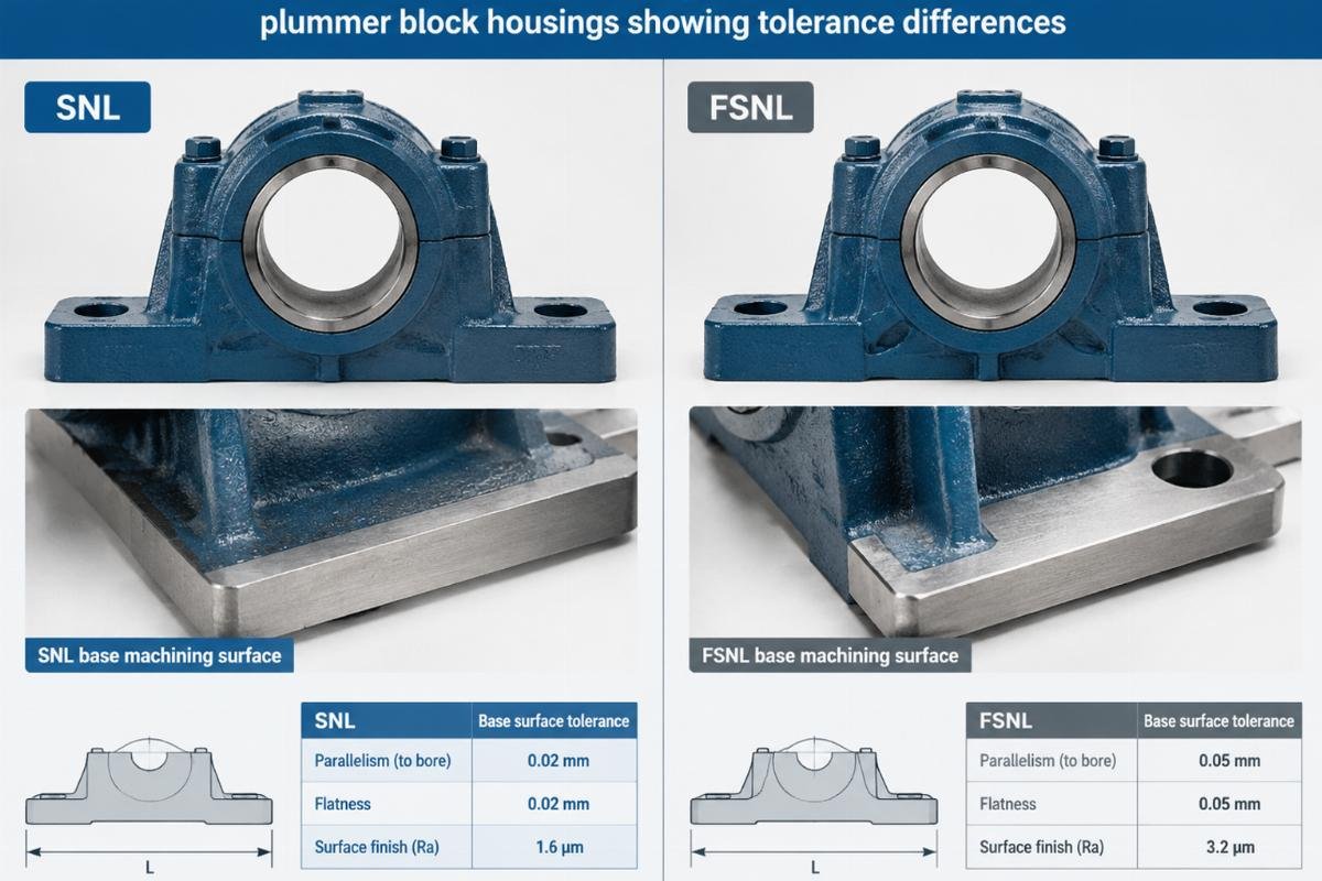 Comparison of base machining surfaces on SNL and FSNL plummer block housings showing tolerance differences