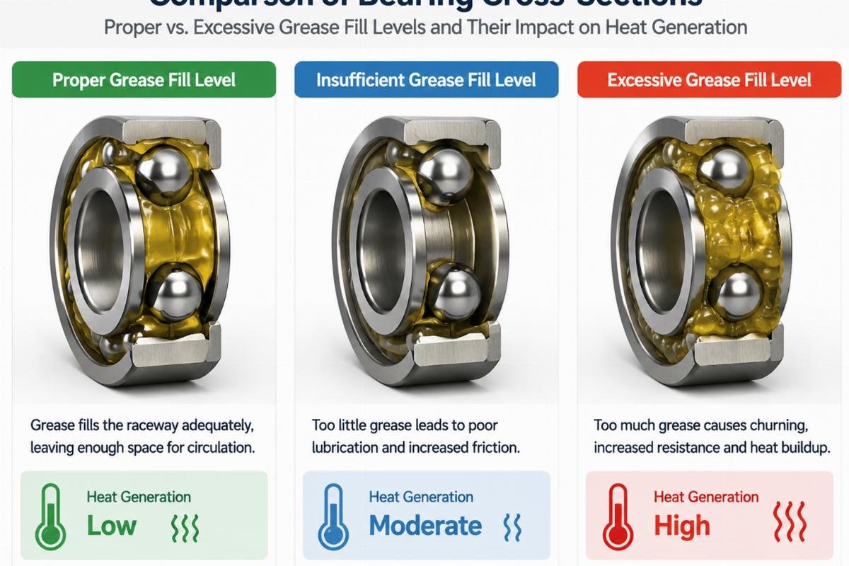 Comparison of bearing cross-sections showing proper versus excessive grease fill levels and their impact on heat generation