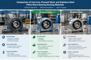Comparison of cast iron, pressed steel, and stainless steel pillow block bearing housing materials in industrial settings