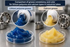 Comparison of grease consistency and color for lithium polyurea and calcium types in industrial tubes