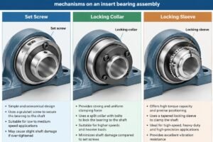 Comparison of set screw, locking collar, and locking sleeve mechanisms on an insert bearing assembly