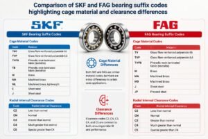 Comparison of SKF and FAG bearing suffix codes highlighting cage material and clearance differences