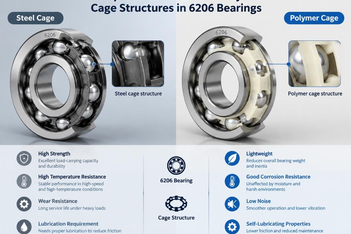 Comparison of steel and polymer cage structures in 6206 bearings