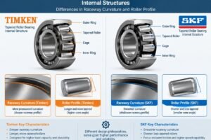 Comparison of Timken and SKF tapered roller bearing internal structures showing differences in raceway curvature and roller profile