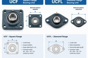 Comparison of UCF square flange and UCFL diamond flange bearing units showing bolt hole patterns