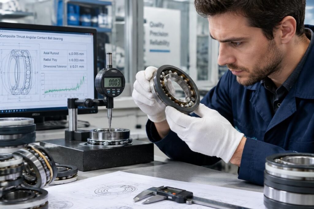Composite thrust angular contact ball bearing supplier inspecting precision tolerances