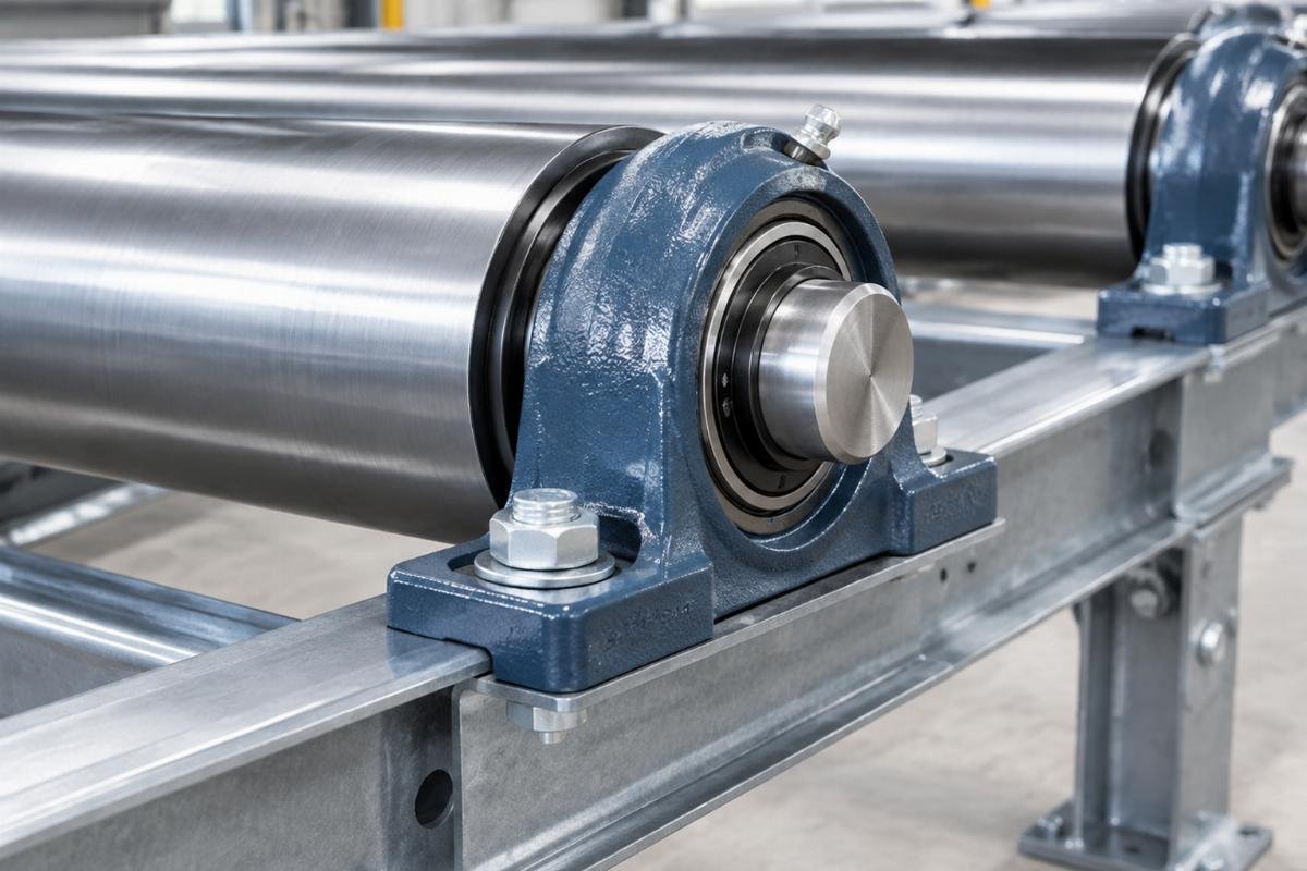 Conveyor roller assembly featuring a heavy-duty pillow block bearing