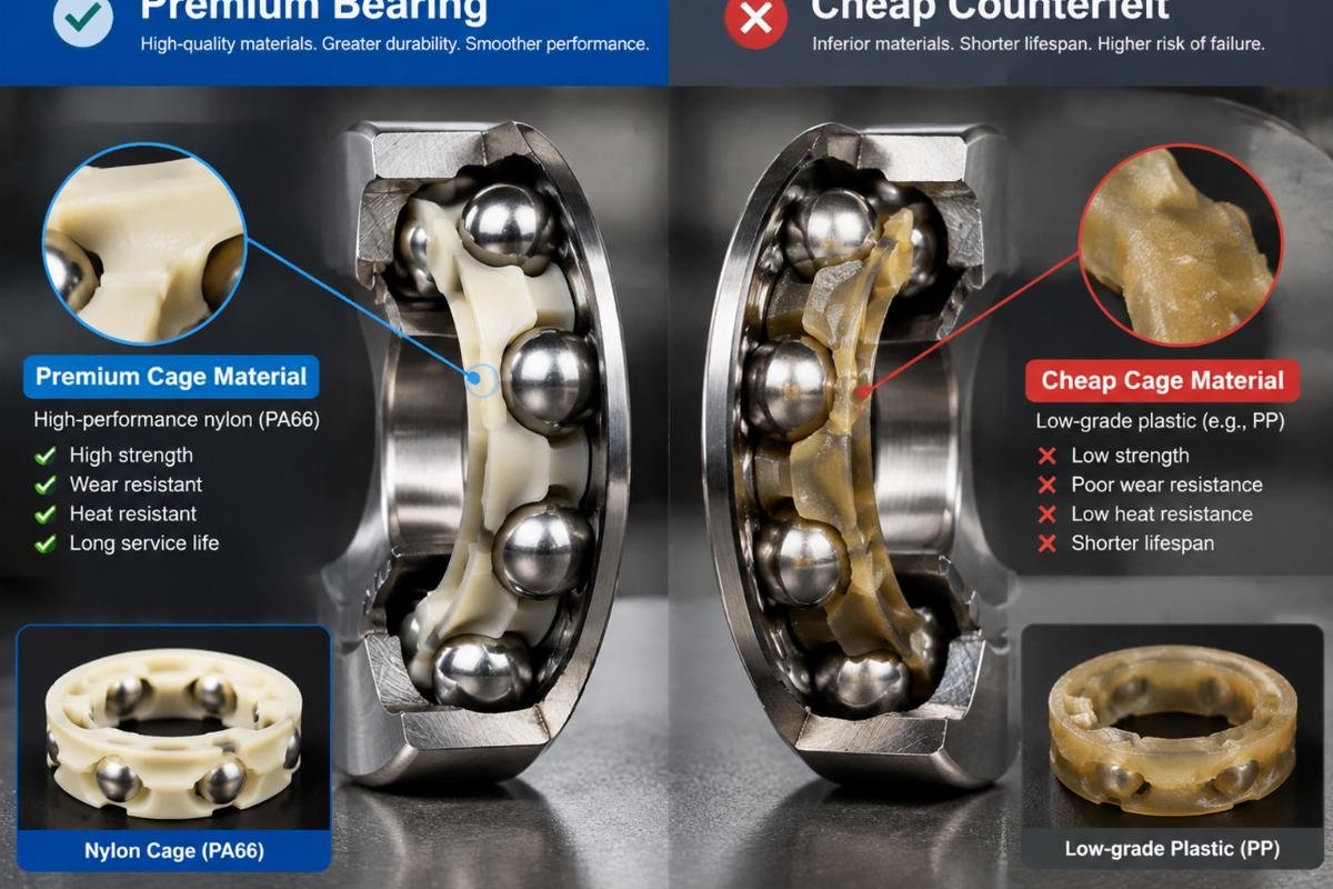 Cross-section comparison of a premium bearing versus a cheap counterfeit showing cage material differences