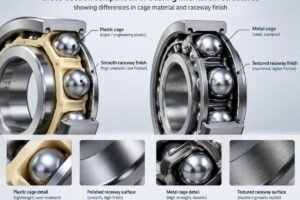 Cross-section comparison of bearing internal structures showing differences in cage material and raceway finish