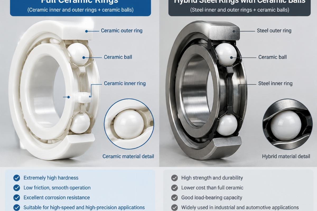 Cross-section comparison showing full ceramic rings versus hybrid steel rings with ceramic balls