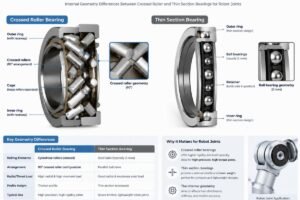 Cross-section comparison showing internal geometry differences between crossed roller and thin section bearings for robot joints