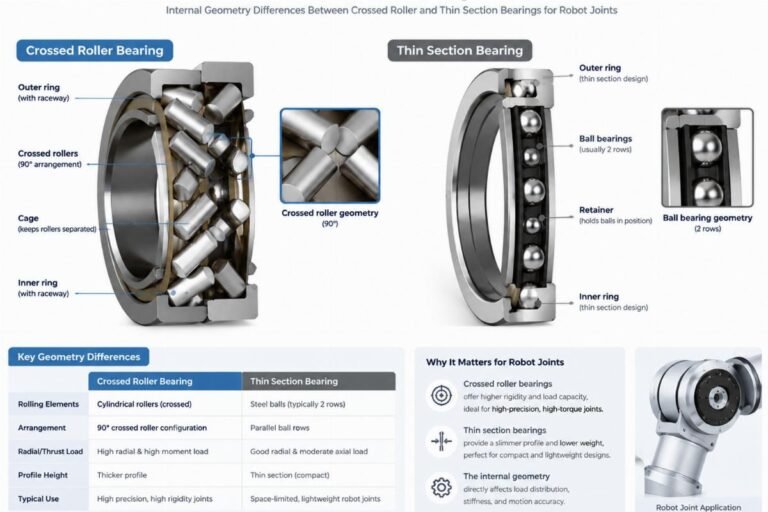 Cross-section comparison showing internal geometry differences between crossed roller and thin section bearings for robot joints