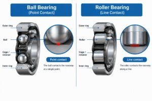 Cross-section comparison showing point contact in ball bearings versus line contact in roller bearings