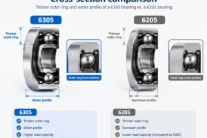 Cross-section comparison showing the thicker outer ring and wider profile of a 6305 bearing versus a 6205 bearing