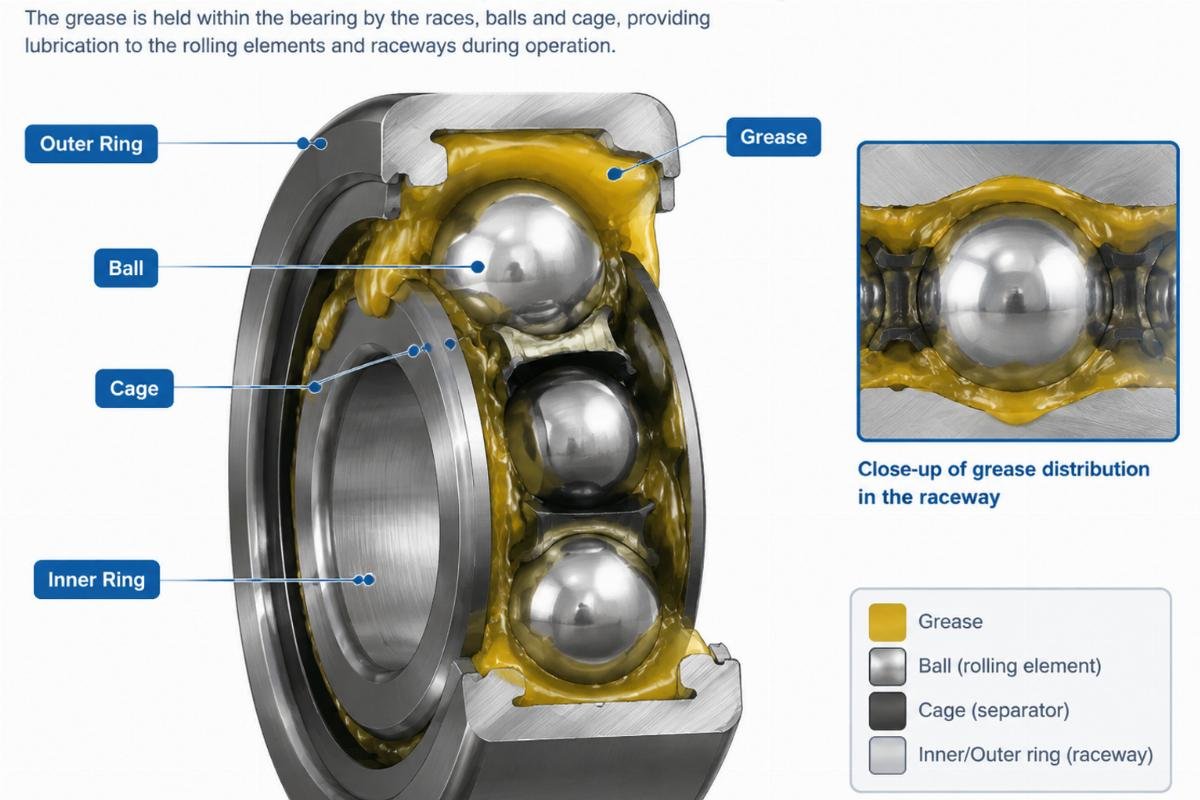 Cross-section diagram showing grease distribution inside a deep groove ball bearing