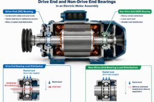 Cross-section diagram showing load distribution differences between drive end and non-drive end bearings in an electric motor assembly