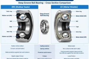 Cross-section diagram showing the difference between 2RS rubber seals and ZZ metal shields on a deep groove ball bearing