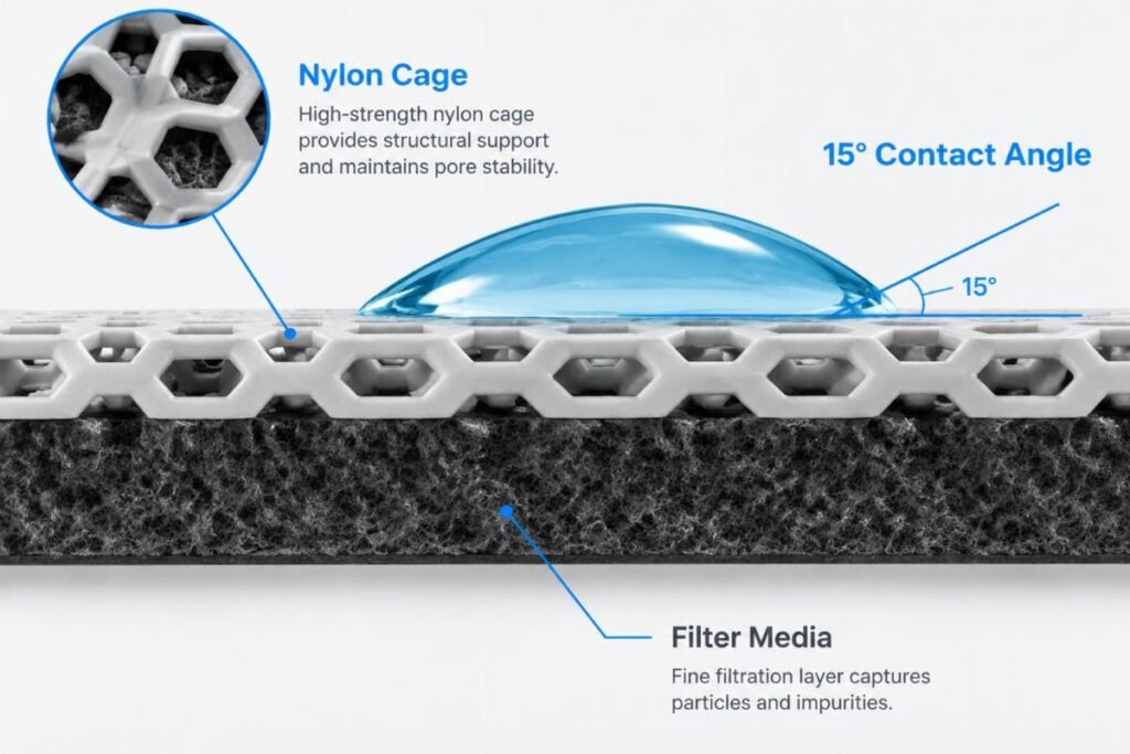 Cross-section highlighting the nylon cage and 15° contact angle