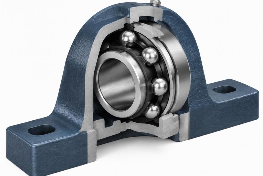 Cross-section of a cast steel P-type pillow block housing with a deep groove bearing insert
