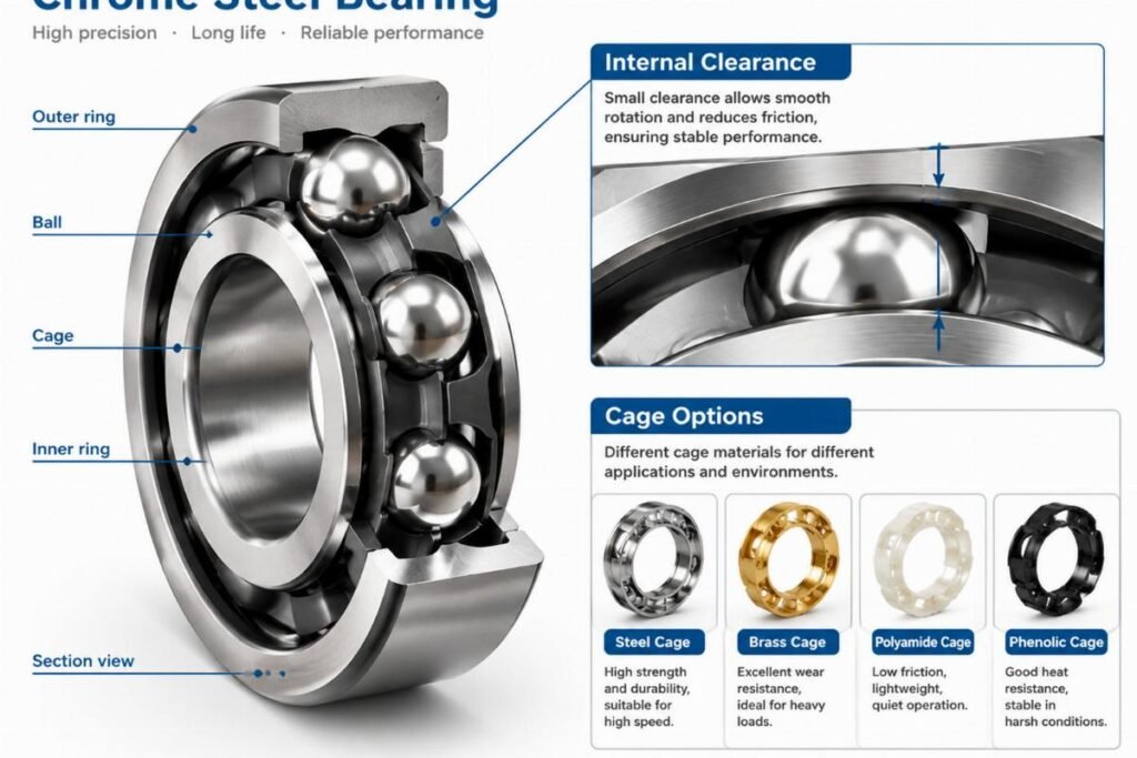 Cross-section of chrome steel bearing illustrating internal clearance and cage options