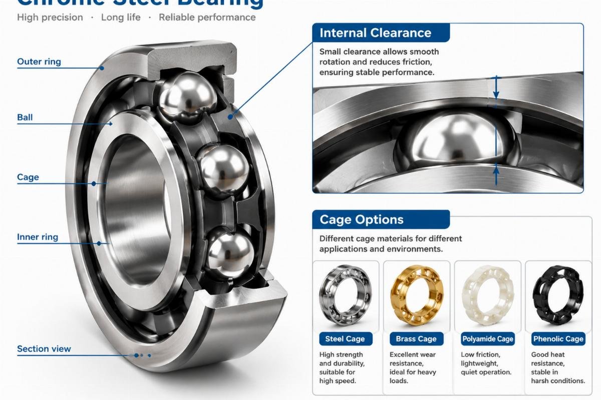 Cross-section of chrome steel bearing illustrating internal clearance and cage options