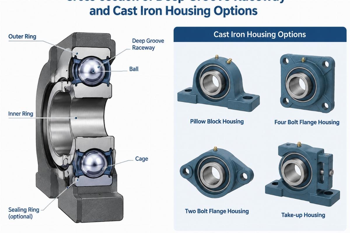 Cross-section of deep groove raceway and cast iron housing options