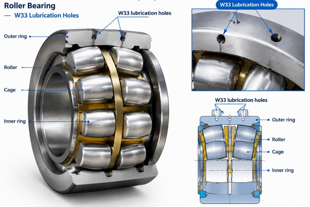 Cross-section of double row self-aligning roller bearing showing W33 lubrication holes