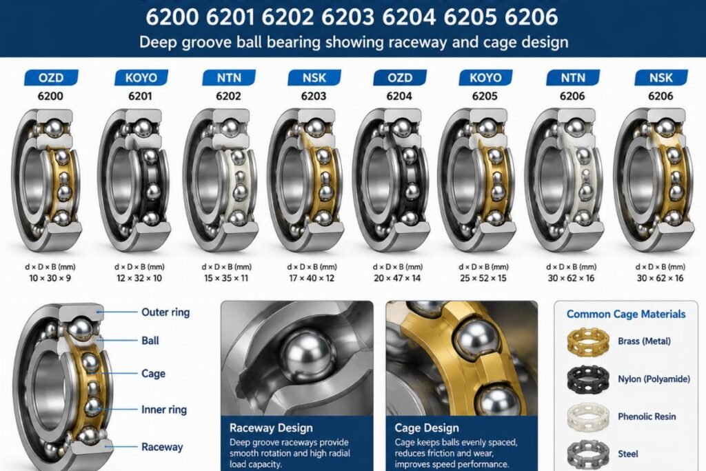 Cross-section of OZD KOYO NTN NSK 6200 6201 6202 6203 6204 6205 6206. deep groove ball bearing showing raceway and cage design