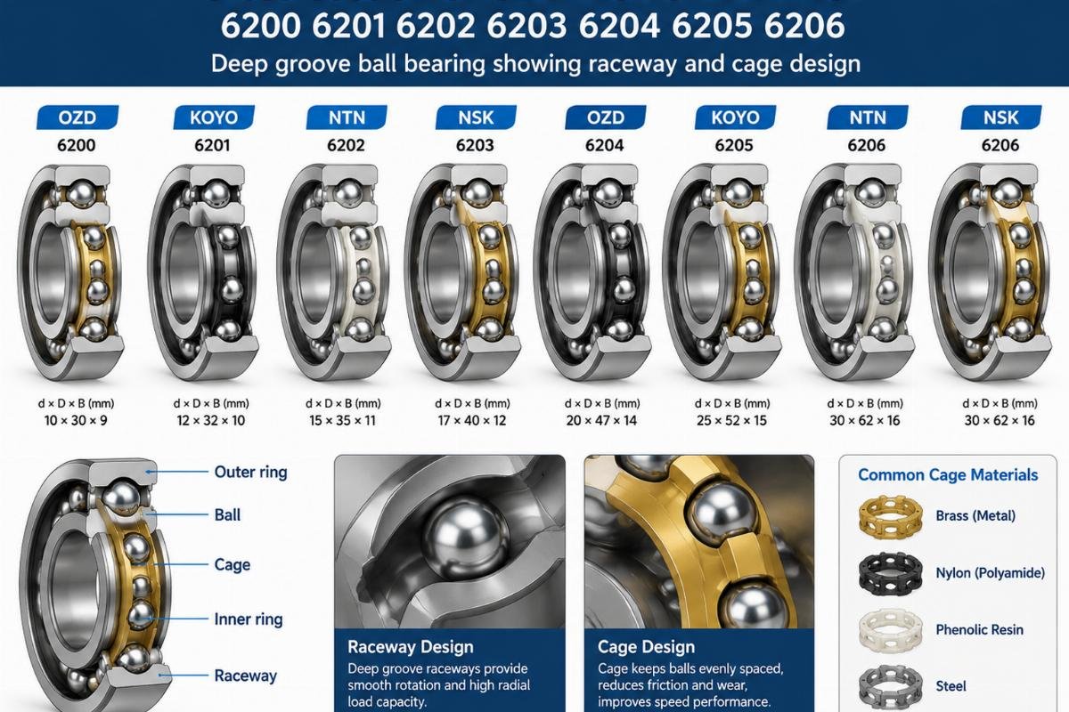 Cross-section of OZD KOYO NTN NSK 6200 6201 6202 6203 6204 6205 6206. deep groove ball bearing showing raceway and cage design