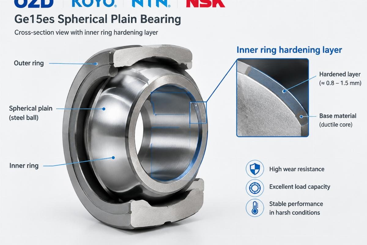 Cross-section of OZD KOYO NTN NSK Ge15es spherical plain bearing showing inner ring hardening layer