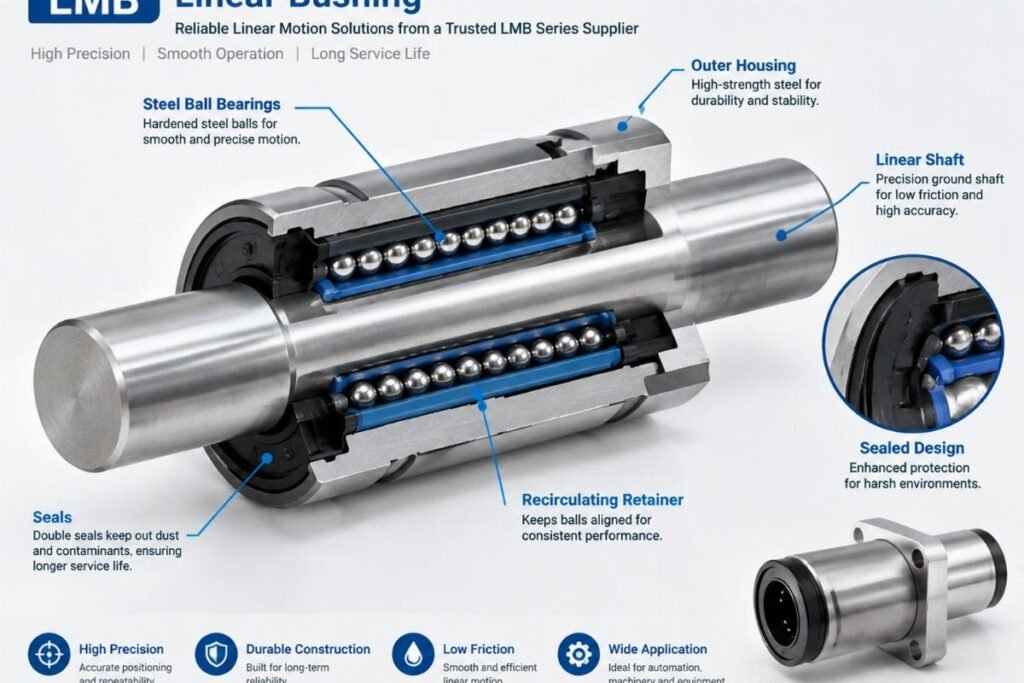 Cross-section of sealed linear motion components from a trusted LM series LMB linear bushing supplier