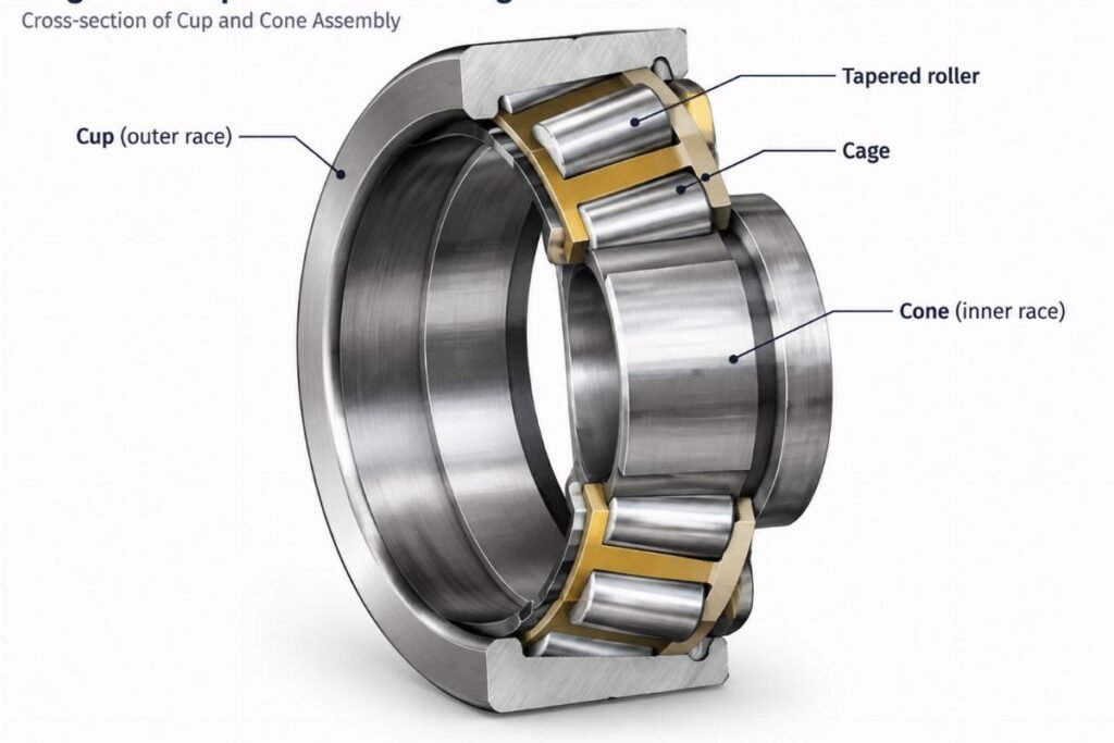 Cross-section of single row tapered roller bearing showing cup and cone assembly
