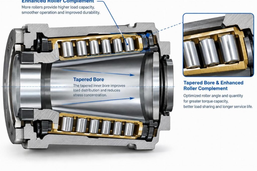 Cross-section showing tapered bore and enhanced roller complement