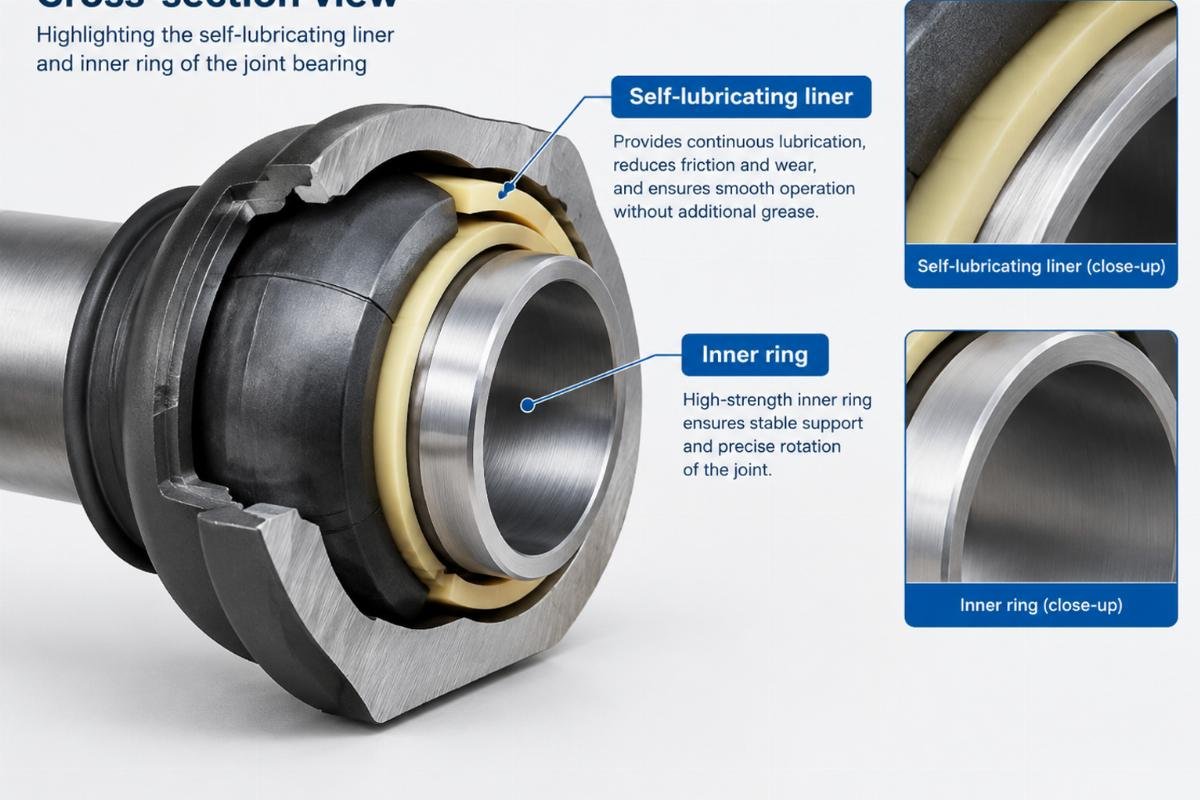 Cross-section view highlighting the self-lubricating liner and inner ring of the joint bearing